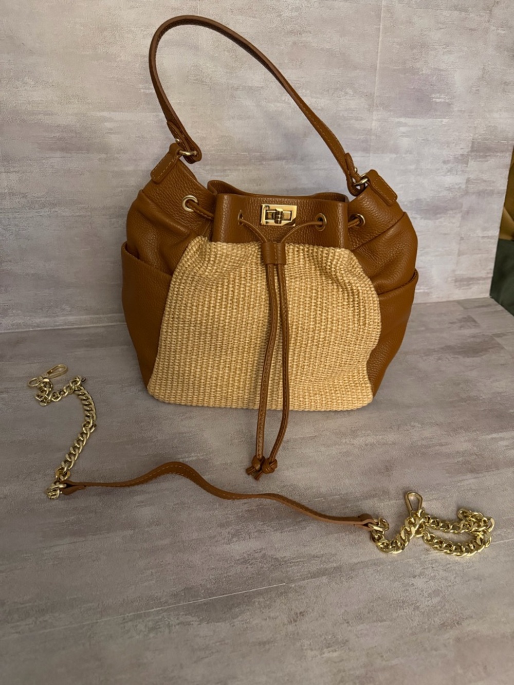 UNICA Firenze Leather & Faux Straw Woven Bucket Bag – Brown / Natural